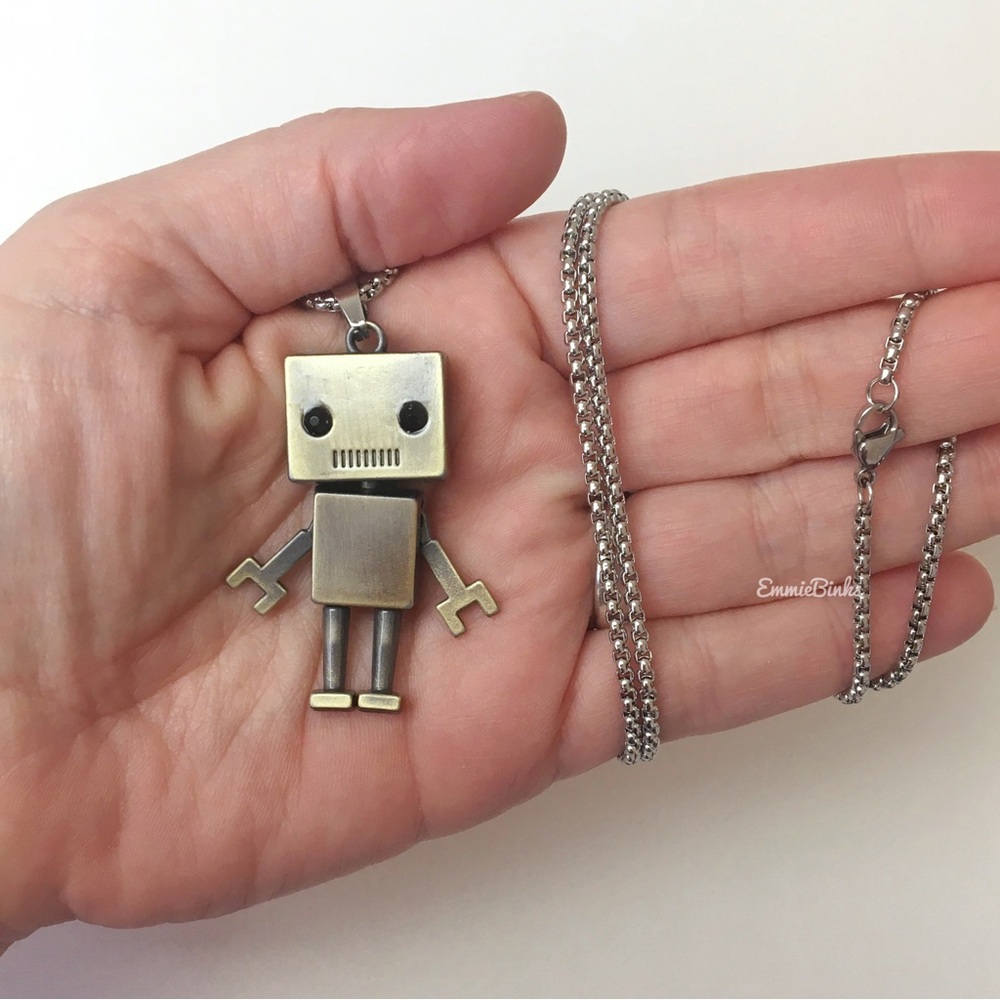 New Metal Robot 2 Sided Smaller Version Pendant Necklace, Stainless Steel - Picture 9 of 16